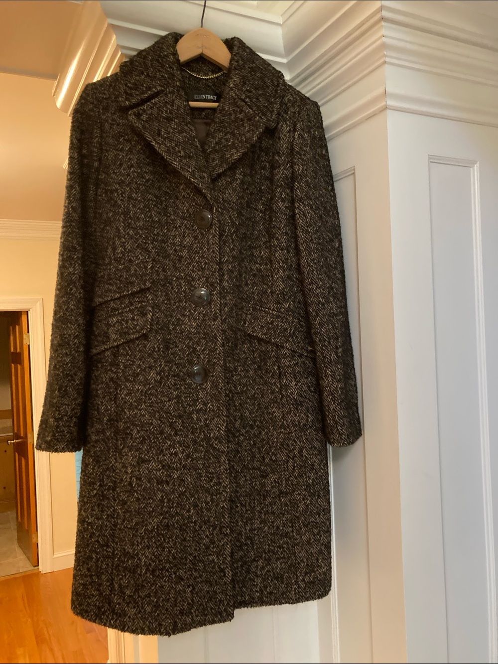 Ellen Tracy Brown Black Herringbone Wool-Blend Coat